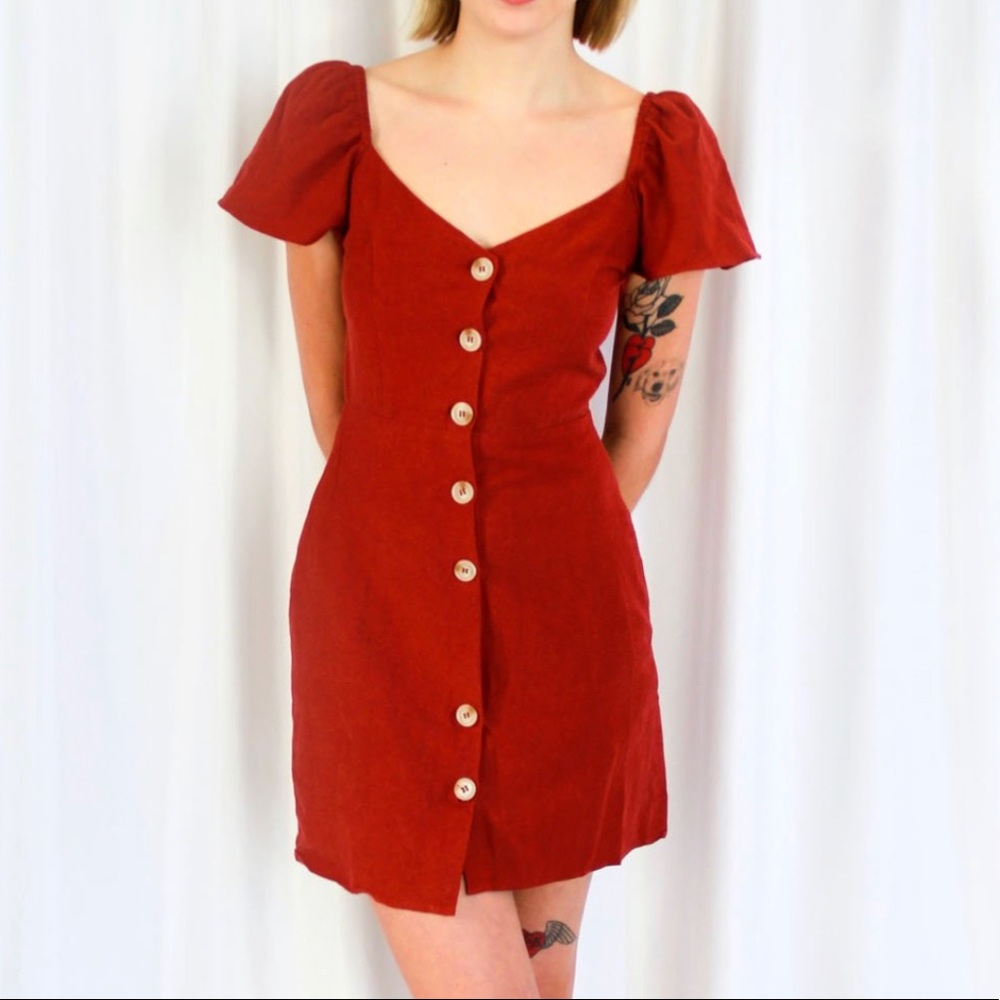 Red button down dress mini cap sleeve - Picture 2 of 10